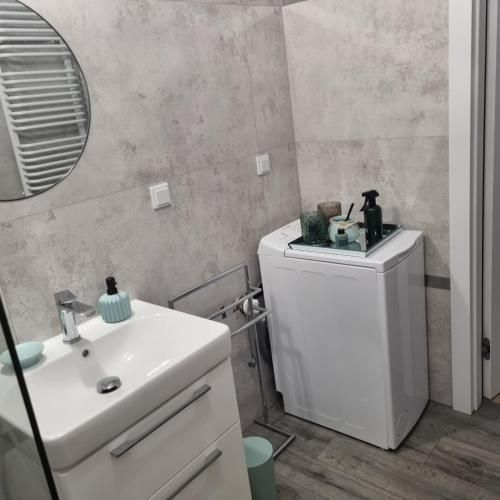 a bathroom with a white sink and a mirror at Apartament Skarbowa in Leszno