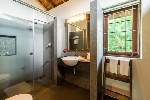 a bathroom with a sink and a toilet and a mirror at amã Stays & Trails - The Old Cattleshed, Wayanad in Wayanad