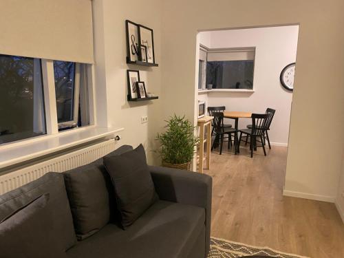 - un salon avec un canapé et une table avec des chaises dans l'établissement Day Dream Soleyjargata Rooms & Apartments, à Reykjavik