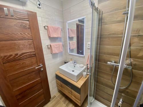 a bathroom with a sink and a shower at Kuća za odmor GUSKA in Kopačevo