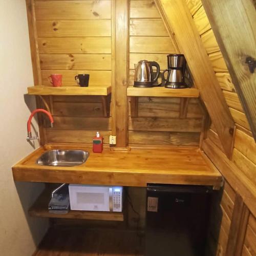 a kitchen with a sink in a wooden cabin at Pousada Chalé Suiço Bombinhas in Bombinhas