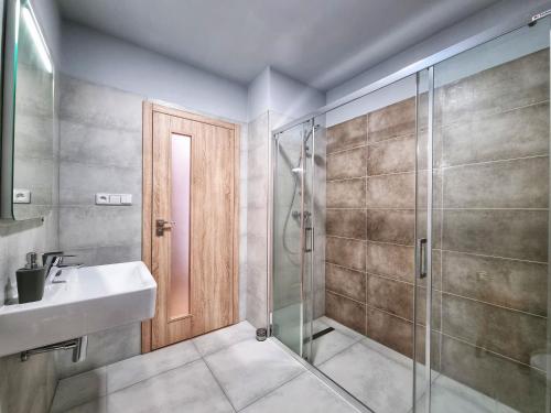 a bathroom with a sink and a shower at Horský Apartmán Klostermann in Železná Ruda