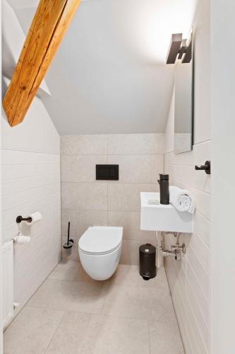a white bathroom with a toilet and a sink at Hotel Garni Traube in Friedrichshafen