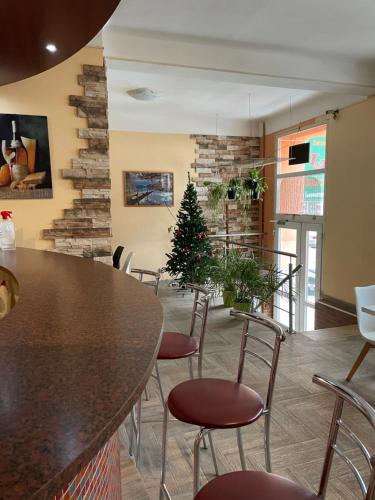 a room with a table and chairs with a christmas tree at Penzion T&T in Cheb