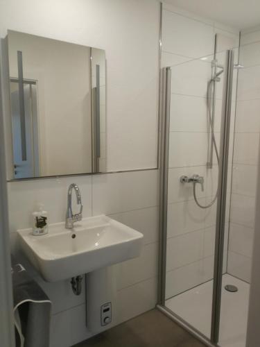 W łazience znajduje się umywalka oraz prysznic z lustrem. w obiekcie Ferienwohnung Pont an der Niers w mieście Geldern
