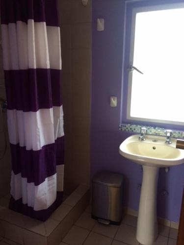 a bathroom with a sink and a shower curtain at Mini Studio cerca de playa in Viña del Mar