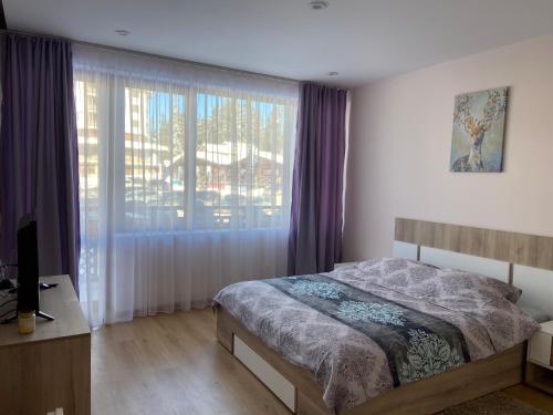 a bedroom with a bed and a large window at Apartment in Studenets, Pamporovo in Pamporovo
