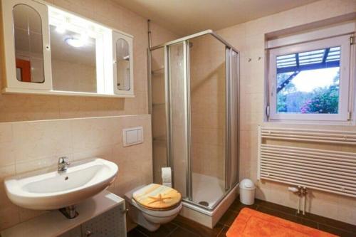 een badkamer met een douche, een wastafel en een toilet bij Ferienhaus Spreewald Linde​ in Belten