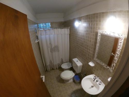 a bathroom with a toilet and a sink and a mirror at Aguila Blanca in Mina Clavero