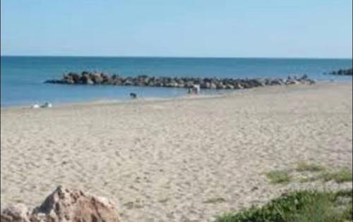a sandy beach with a group of people in the water at Clair de plage in Frontignan