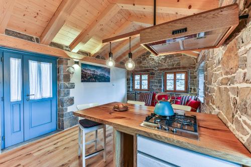 a kitchen with a counter and a stove in a room at Mountain Lodge Istria, Stone Lodge I in Roč