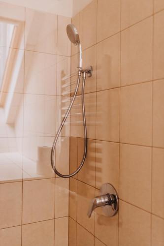 a shower with a shower head in a bathroom at Villa Hubertus in Srebrna Góra