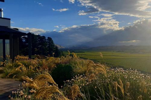 a field with grass and flowers in front of a building at Luxury cottage with stunning vineyard views in Renwick