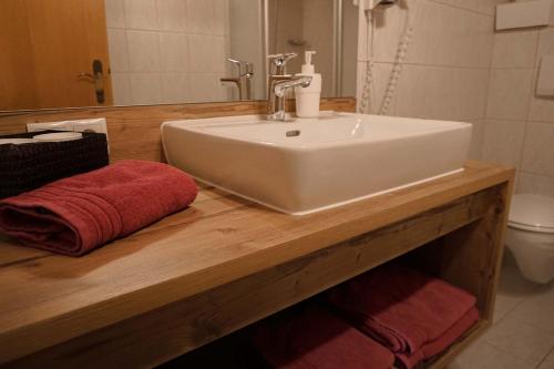ein Badezimmer mit einem weißen Waschbecken auf einer Holztheke in der Unterkunft Apart Daniel in Ried im Oberinntal
