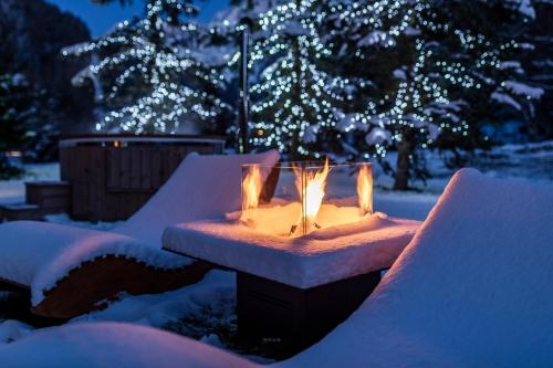 a fire pit in the snow in front of a christmas tree at Hotel Garni Pegrà in Ponte di Legno