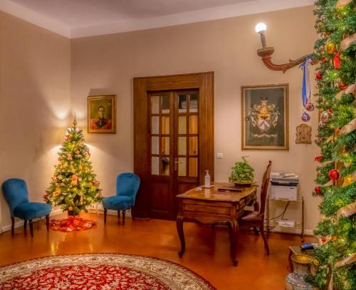 a living room with a christmas tree and a table at Palazzo Cavagna Sangiuliani in Bereguardo