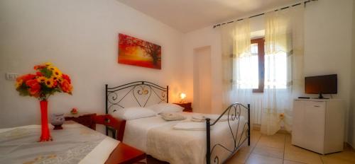 a bedroom with two beds and a tv and a window at La Piana degli Ulivi in Ostuni
