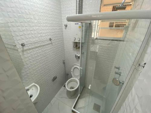 La salle de bains est pourvue de toilettes, d'un lavabo et d'une douche. dans l'établissement Apartamento na Praia de Botafogo todo reformado, à Rio de Janeiro
