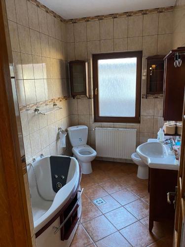 a bathroom with a tub and a toilet and a sink at Casa Sia in Târgu Ocna