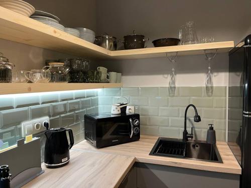 a kitchen with a sink and a microwave at Над фермою in Nizhne-Studënyy