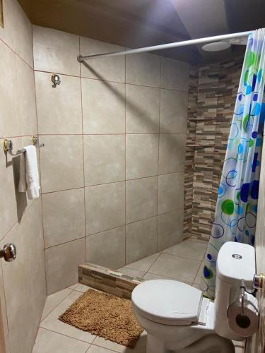 a bathroom with a toilet and a shower at Saraya Lodge & Camping in Iquitos