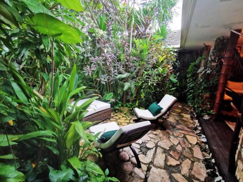 a garden with two chairs and plants at Hôtel Fenua Mata'i'oa in Papetoai