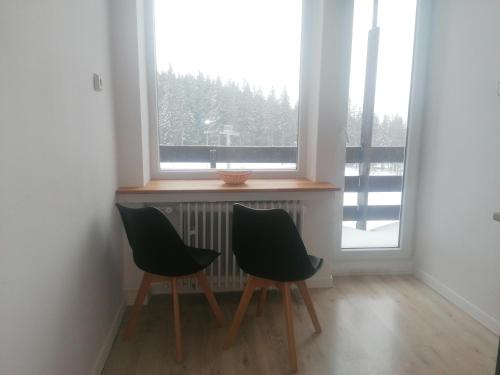 two chairs sitting in front of a window at Chata - Dom Horskej služby Jasna in Demanovska Dolina