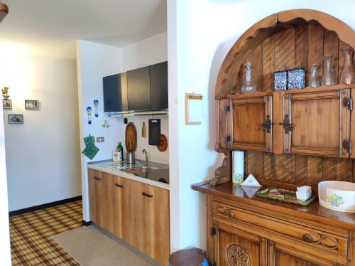 a kitchen with wooden cabinets and a sink at La finestra sul Matese in San Massimo