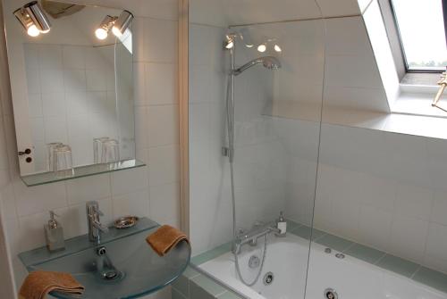 een badkamer met een douche, een wastafel en een bad bij Le Pautonier in Saint-Aubin-des-Grois
