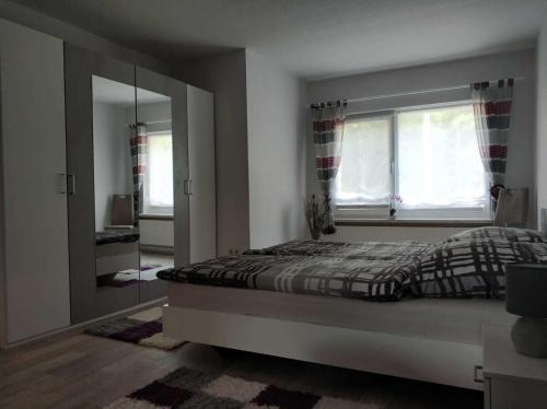 um quarto com uma cama e um espelho grande em Ferienwohnung Reiter em Ummanz