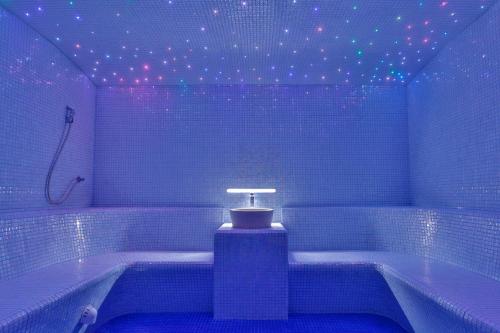 a blue tiled bathroom with a tub and a shower at BARBETA Accommodation in Budva