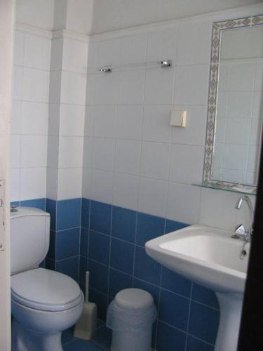 a blue and white bathroom with a toilet and a sink at Aiolos in Loutra Edipsou