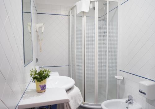 a white bathroom with a shower and a sink at Hotel Ristorante La Piana in Telese