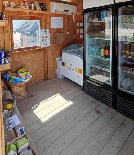 an inside view of a food truck with an open refrigerator at Desert Days mud cabin's Resort in Zuqim