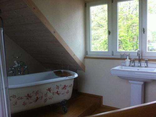 a bathroom with a sink and a bath tub at Das Gaestehaus in Offenburg
