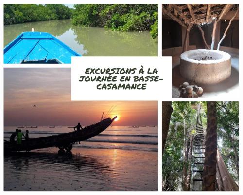 a collage of photos of a beach and a boat at Appartement familial spacieux avec climatisation in Ziguinchor