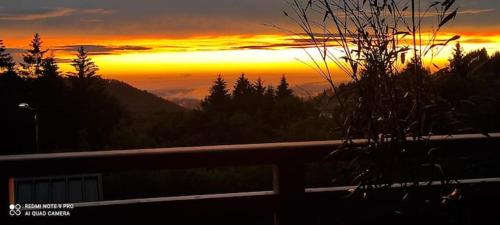 a sunset over a mountain with a fence and trees at Chalet neuf avec jacuzzi privé, vue imprenable sur Massif des Vosges in Belfahy
