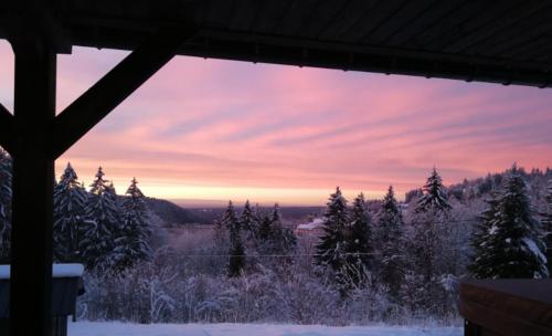 a view of a snow covered field with trees at Chalet neuf avec jacuzzi privé, vue imprenable sur Massif des Vosges in Belfahy