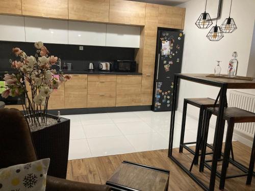 a kitchen with a counter and a table in a room at Underground apartment Bratislava-Nivy in Bratislava