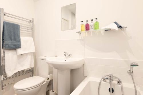 a white bathroom with a sink and a toilet at Clwyd Cottage - Two Bed, Barn Conversion with Private Hot Tub in Bodfari