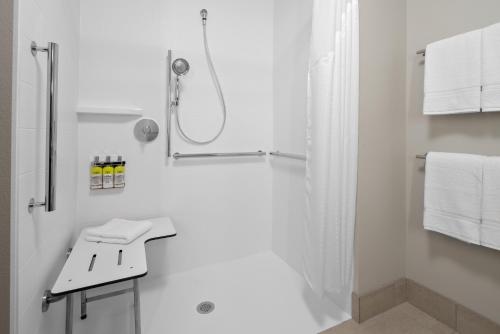 a white bathroom with a shower and a sink at Holiday Inn Express & Suites - Elkhorn - Lake Geneva Area, an IHG Hotel in Elkhorn