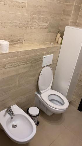 a bathroom with a toilet and a sink at Grant Apartament in Arad