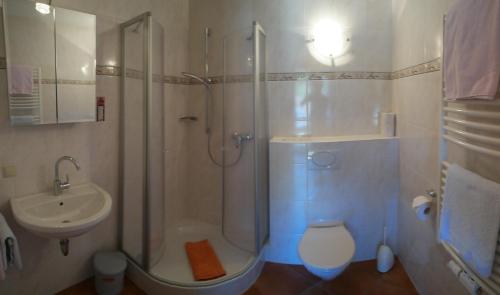 y baño con ducha, aseo y lavamanos. en Gästehaus Meisl en Berchtesgaden