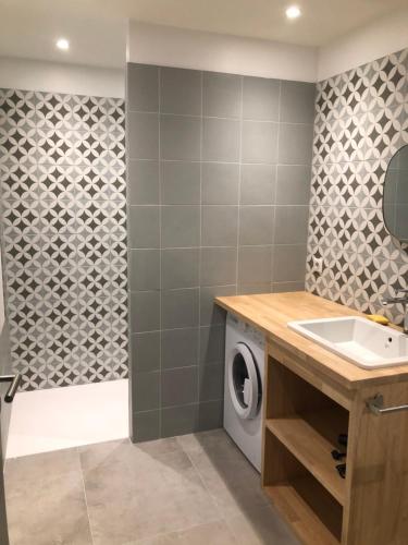 une salle de bain avec une machine à laver et un lavabo dans l'établissement Domaine du Fresquel, à Pezens