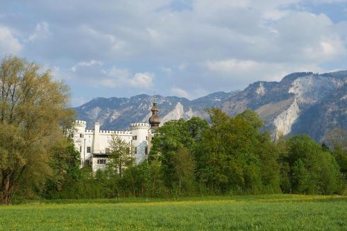 a large white castle with mountains in the background at Gästehaus Marzoll in Bad Reichenhall