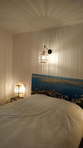 a bedroom with a large white bed with a lamp at "Gîte Le Relais Viennois" vue sur Loire & linge inclus in Blois
