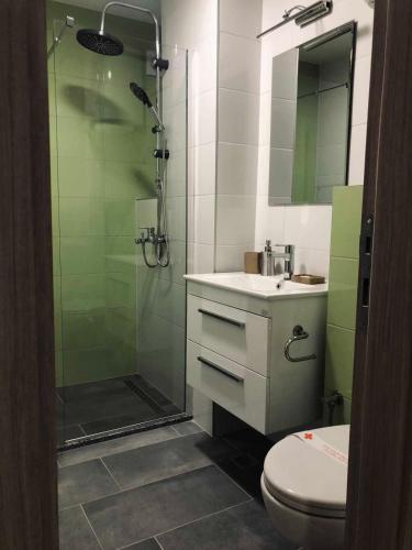 a bathroom with a shower and a sink and a toilet at Hotel Story in Sarajevo