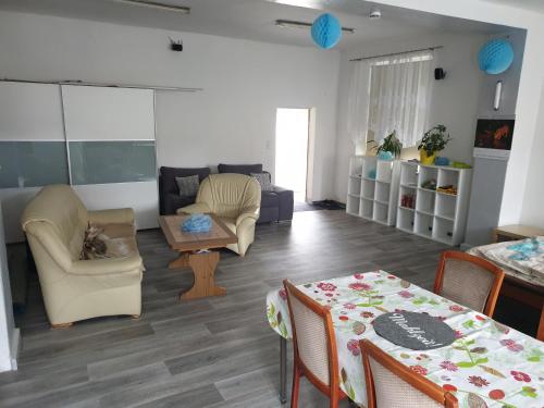 ein Wohnzimmer mit einem Sofa, Stühlen und einem Tisch in der Unterkunft Einraum-Ferienwohnung 46m2 Eisenhüttenstadt-Diehlo in Eisenhüttenstadt