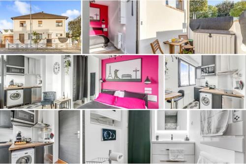 un collage de quatre photos d'un appartement dans l'établissement Studio le petit baroque, à Chevilly-Larue