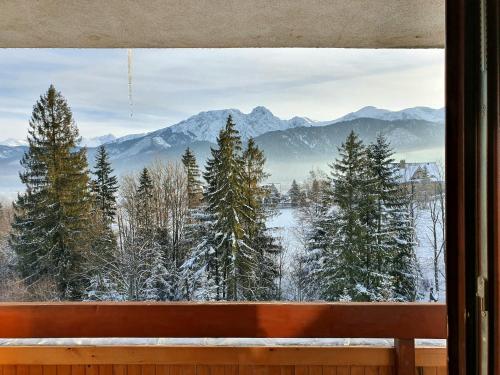 a window with a view of snow covered trees and mountains at Apartment Butorowy Residence by Renters Prestige in Kościelisko